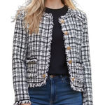 Walter Baker  Women Baca Jacket Size L Beige Tweed Fringe Trim Faux Leather Photo 0