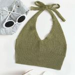 SheIn  MOOSTA Olive Knit Halter Tank Top with Button Detail - Size: Medium Photo 0