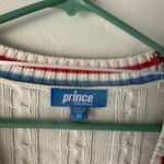Prince Sweater Medium Cable Knit Cardigan Red Blue Stripe Trim Tennis Preppy White Photo 3