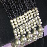 Silver Tone Black Seed Bead Boho Beaded Wide Stretchy Bracelet Photo 3