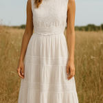 Bardot Dress Women XL White Cotton Embroidered Cut Out Tiered Maxi Boho Cottage Photo 0