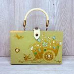 Vintage unique wooden cigar box hand clutch purse jeweled flower cart Madge Green Photo 2