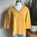 Fall Leaf‎ knit shirt Mustard Yellow Embroidered Cotton Top 2010 teacher size 1X Photo 0