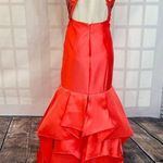 Rachel Allan Rhinestones Cross Halter Ruffle Mermaid Satin Gown pink or salmon c Size 2 Photo 6