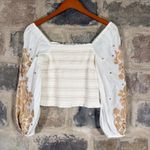 Anthropologie White Gold Floral Embroidered Smocked Cropped Square Neck Top S Photo 1