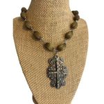 Vintage Cross Pendant Necklace Ribbed Beads Silver Tone Cross Filagree Pendant Photo 0