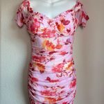 Privy Pink Floral Ruched Corset Mesh Overlay Bodycon Mini Dress L Photo 2