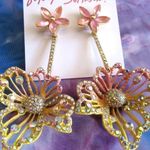Betsey Johnson Gold Tone Pink & Yellow Enamel Double Flower Drop Earrings NWT Photo 0