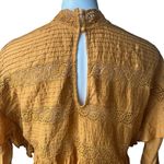 Free People  Mustard Yellow High Neck Long Sleeve Eyelet Smocked Ruffle Top, Sz L Photo 8