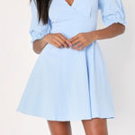 Lulus NWOT Size Small Dreaming of Paris Blue Puff Sleeve Mini Dress Pockets Photo 0