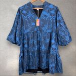 Briton Court Hattie‎ Dress In Dutch Blue Balloon Puff Sleeves Tropical Palm Sz M Size M Photo 3