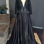 Women’s Black Satin 3/4 Sleeve Sparkly Sheer Bodice Formal Dress LegSlit Size 14 Photo 0