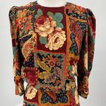 Vintage 80s Floral Paisley Patchwork Print Midi Dress Cinched Waist Blouson 8 Red Photo 3