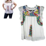 J. Marie Embroidered Flutter Sleeve Floral Flower Boho Bohemian Blouse Large White Photo 1