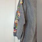 Talbots  Cotton Shirt Gray White Stripe Embroidered Sleeves L Tunic Tee Boho Photo 3