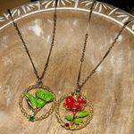Vintage Green Calla Lilly & Red Rose Flower Gold Tone Necklaces Photo 1