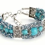 Vintage Faux Turquoise Beads Rhinestone Carved Bracelet Multiple Size undefined Photo 0