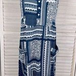 Knox Rose Sundress Gauzy Crinkle Crochet Trim Blue/White Patchwork Print-Large Photo 0