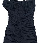 Tadashi Shoji Navy Blue Long Sleeve Wide Neck Bodycon Ruched Drapey Dress S Photo 3