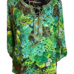 Olive Hill Floral Print Blouse Green Blue Lace Up Neck Long Sleeve Top Size M Photo 0