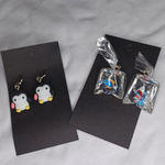 Handmade penguin and fish in a bag earrings Photo 0