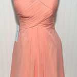 Azazie  Women's Amani Bridesmaid Mini‎ Dress Criss Cross Halter Neck Coral Size 8 Photo 0