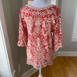 Solitaire  Red Ivory Embroidered Elbow Sleeve Blouse Size Large Photo 2