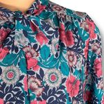 Vintage 80s Blouse Dark Floral Detail Bow High Tie Neck Blue Satin Long Sleeve Size 12 Photo 4