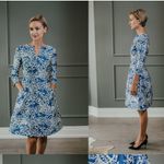 Oscar de la Renta Elegant Blue and White Patterned Dress Photo 1