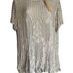 None Tan Beige Nude Lace Crochet Knit Short Sleeve Top Size L NEW Tags Made in Italy Photo 0