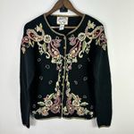 Heirloom Collectibles Floral Embroidered Cardigan Sweater Small Black Whimsical Photo 0