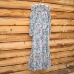 Mac Duggal   8098 Blue Floral Long Sleeve High Neck Ruffle Midi Dress Photo 6