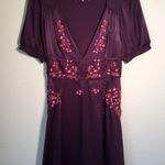 Free People NEW  Embroidered Purple Mini Dress Low V Front Satin button Accent 2 Photo 1