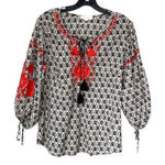 Solitaire  Womens Embroidered Keyhole‎ Tunic Blouse Boho Top Black White Large Photo 0