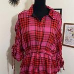 Free People  Pacific Dawn Red Pink Plaid Shirred Shirt Top. Size Medium. Photo 1