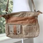 Myra Bag Tan Gray Canvas Leather Purse Shoulder Bag Tote Bag Photo 0