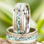 Men’s 8mm Stainless Steel Silver Deer Horn w/ Crushed Turquoise Inlay Band S 13 Photo 3