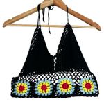 India Boutique Crop Top Womens S Black Crochet Floral Halter Boho Hippie 70s Photo 0