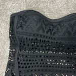 New Large Black Strapless Sheer Crochet One Piece Swim Suit with Button Detail Photo 4