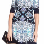 Eliza J  Paisley Dress Size 2 Navy White Porcelain Shift Boat Neck 2/4 Sleeve Photo 0