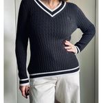 Liz Claiborne Cotton Cableknit Tennis Sweater V neck Black White SZ M Twee Prep Photo 5