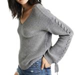 American Eagle Sweater Womens XXS Gray Lace Sleeve V-Neck Pullover Soft Girl Photo 0