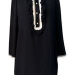 ME+EM Elegant Black Midi long sleeve sheath Dress high neck gold Ruffle Accents White Size L Photo 0
