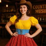 Dress Size ML Square Dance Country Farm Yellow Red Floral Skirt Blue Lace Trim Photo 0