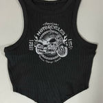 Black Ribbed ‘American Motorcycles’ Graphic Tank Crop Top Shirt Tee Size S 🏍️ Photo 0