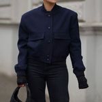 ZARA Casual Bomber Jacket Coat Navy Blue Cropped Blogger Photo 7