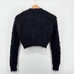 Line and Dot Fuzzy Knit Cropped Cardigan V Neck Button Up Sweater Black Small Photo 5