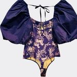 Free People New Intimately Prairie Rose Navy Blue Bodysuit Puffy Sleeve Boho Med Photo 4