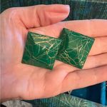 Vintage Art Deco Earrings Green & Gold 80’s Mod Earrings, pierced, acrylic, 1.5” Photo 0