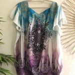 Y2k short sleeve graphic blouse with frill sleeves and ruched scrunched ends with a purple and blue color scheme Size 3X Photo 1